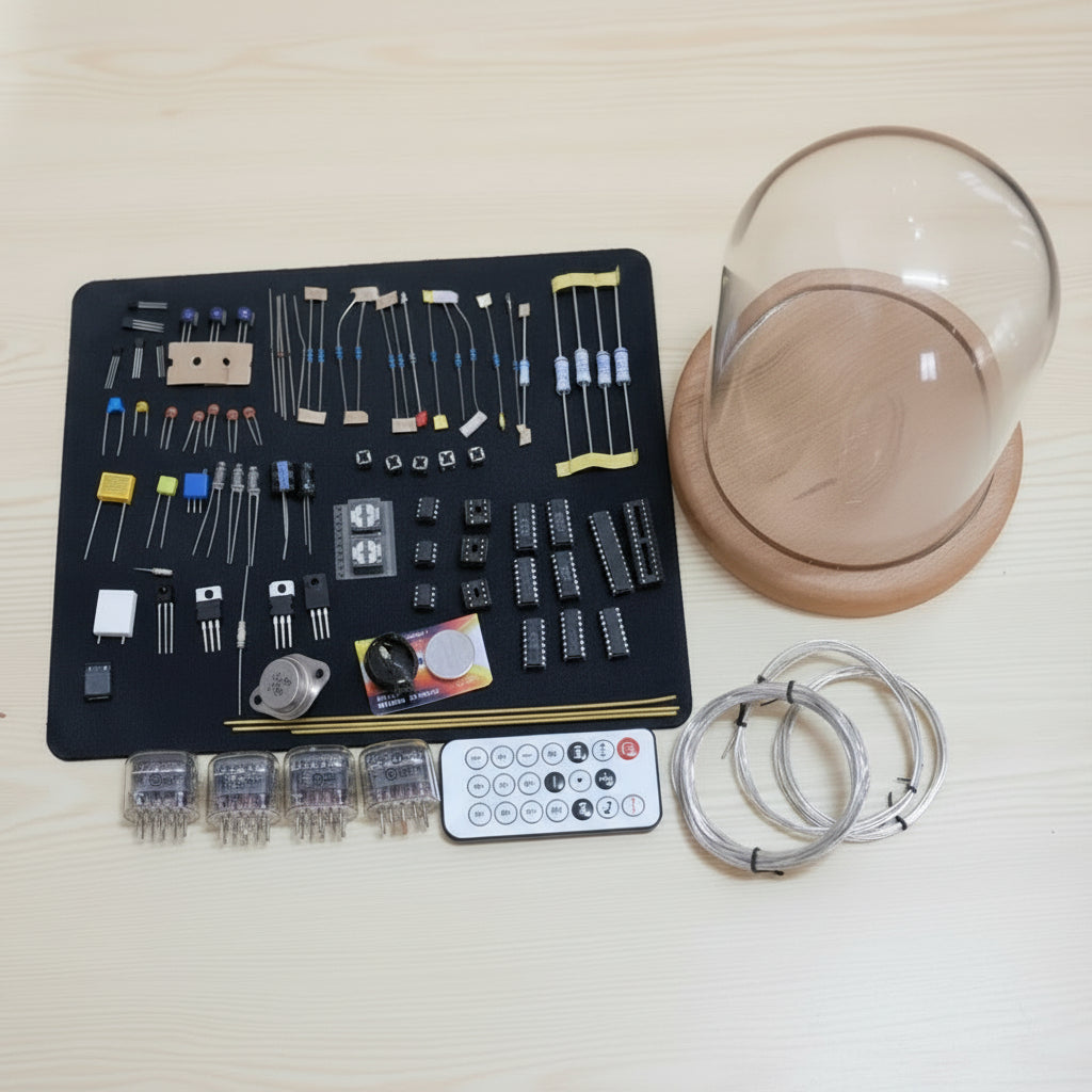 Nixie tube clock DIY kit with infrared remote USB cable and glass dome retro electronics build, Walnut