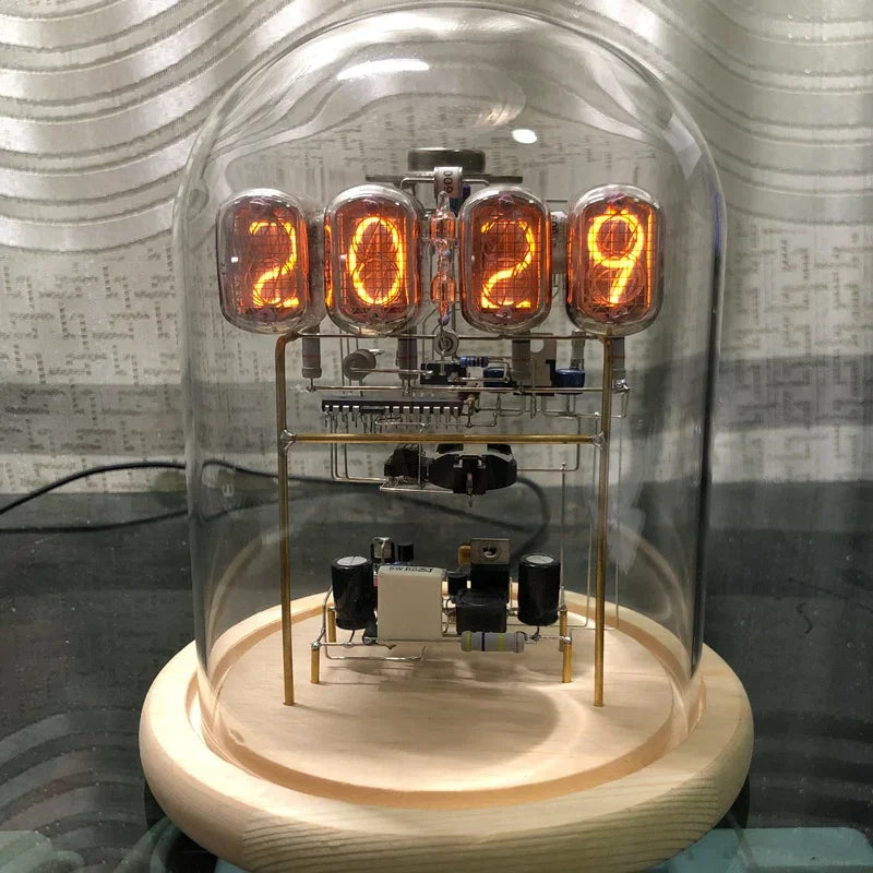 Retro IN12 nixie tube desk clock on shelf home office decor vacuum tube glow warm ambient lighting, Walnut