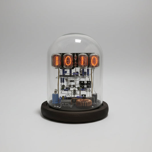 IN12 nixie tube desk clock glowing orange under glass dome retro vacuum tube DIY kit vintage collector decor, Pine