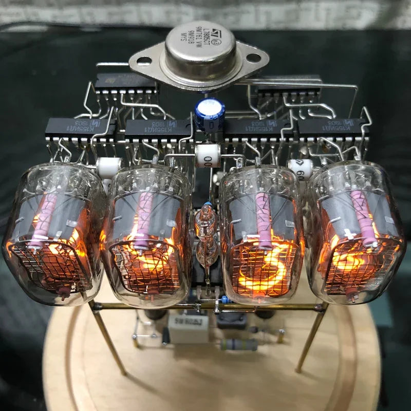 Glowing IN12 vacuum nixie tubes with orange cathode digits exposed circuitry retro clock kit vintage electronics, Pine, Walnut