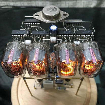 Glowing IN12 vacuum nixie tubes with orange cathode digits exposed circuitry retro clock kit vintage electronics, Pine, Walnut