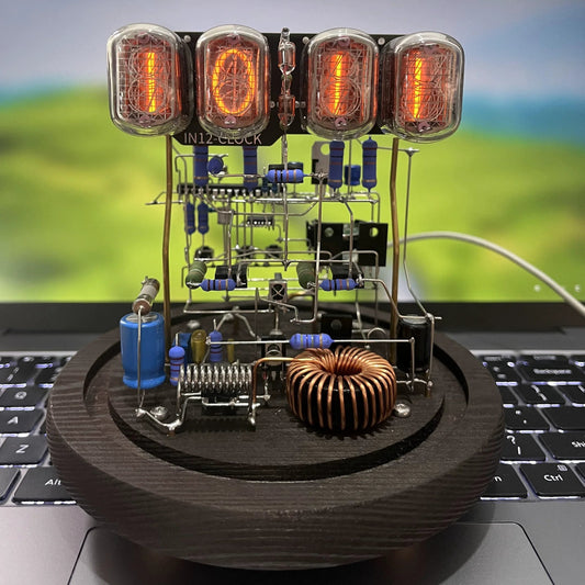 Four IN12 nixie tubes glowing on retro desktop clock DIY build maker gift vintage electronics showpiece, Pine, Walnut