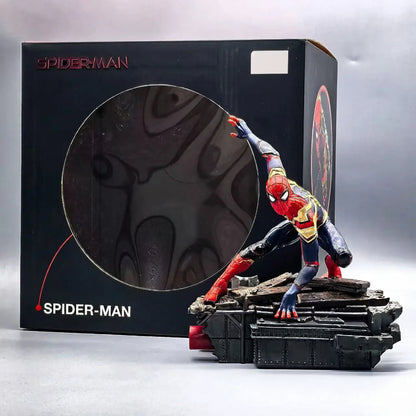 integrated suit spider man statue in red and gold armor with its black collector box, marvel christmas gift idea, Integrated Suit