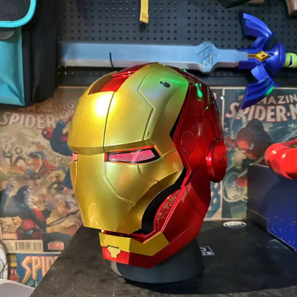 gold iron man mark 46 helmet 3/4 angle view on display stand marvel cosplay collectible civil war prop adult Gold