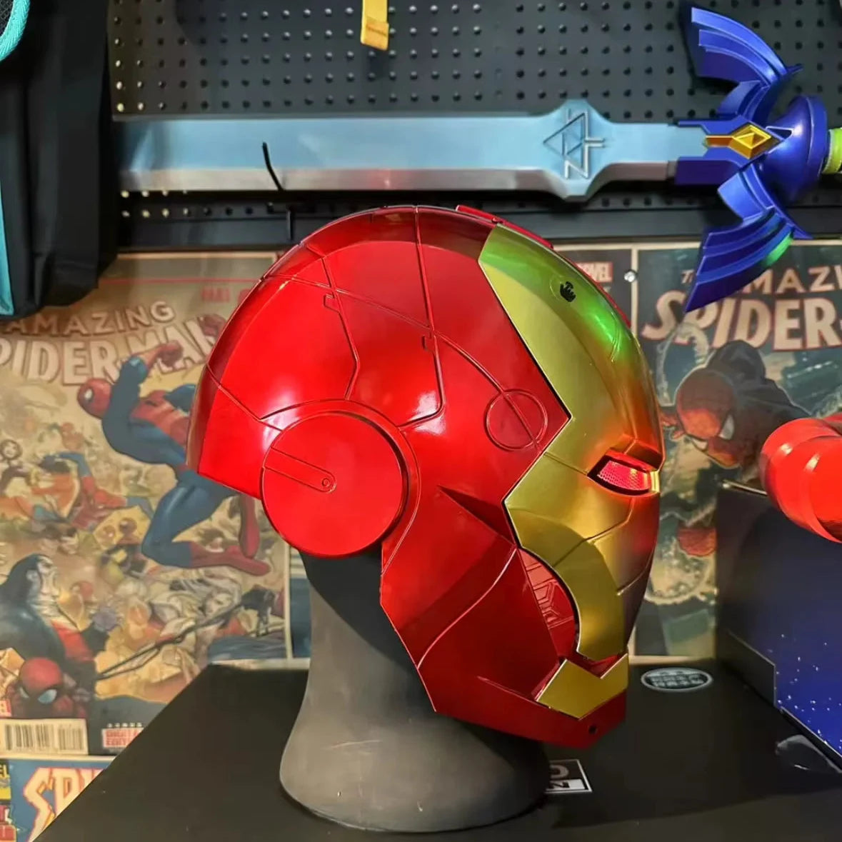gold iron man mark 46 helmet rear profile on display stand 1:1 wearable marvel cosplay collectible civil war Gold