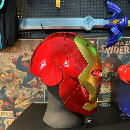 gold iron man mark 46 helmet rear profile on display stand 1:1 wearable marvel cosplay collectible civil war Gold