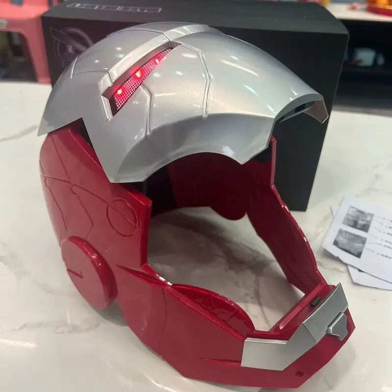iron man silver helmet with faceplate open showing red LED eye mechanism motorized cosplay marvel mark v reveal Silver