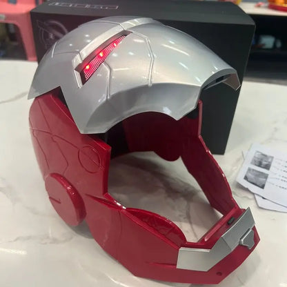iron man silver helmet with faceplate open showing red LED eye mechanism motorized cosplay marvel mark v reveal Silver