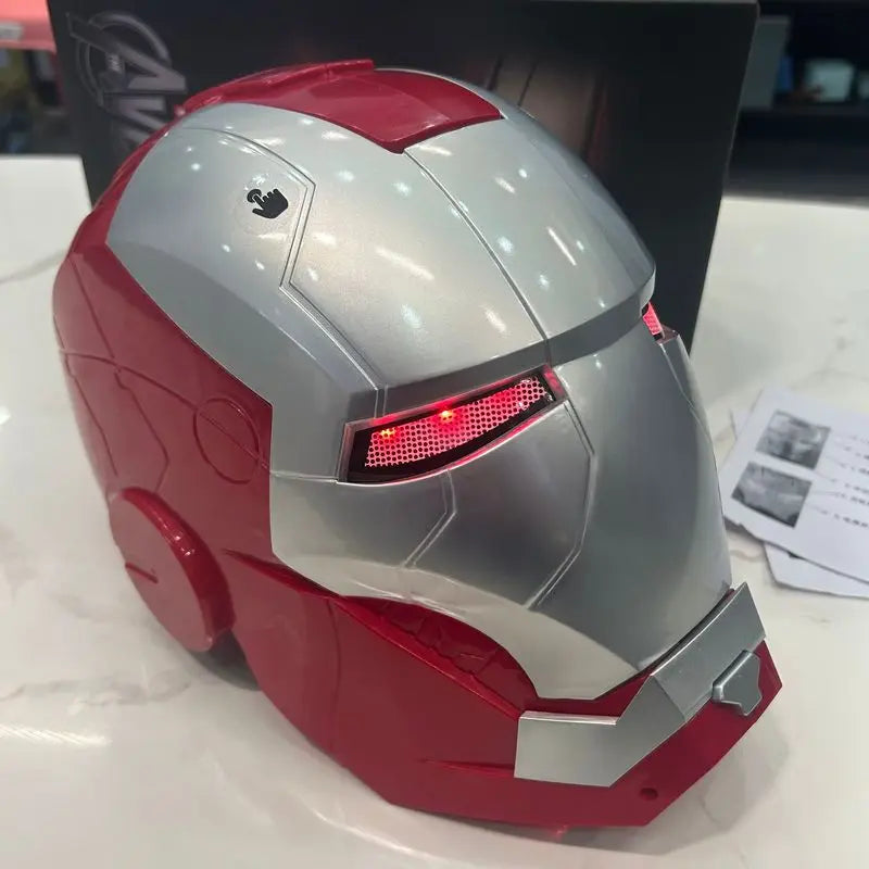 silver iron man helmet angle view red LED eyes lit up 1:1 wearable cosplay mask marvel mark v collectible gift Silver