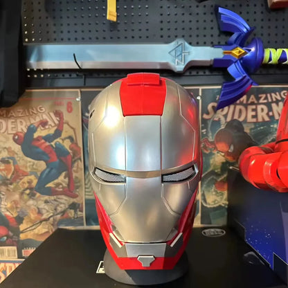 silver iron man mark v helmet on display mannequin 1:1 wearable cosplay mask marvel stark armor collectible Silver