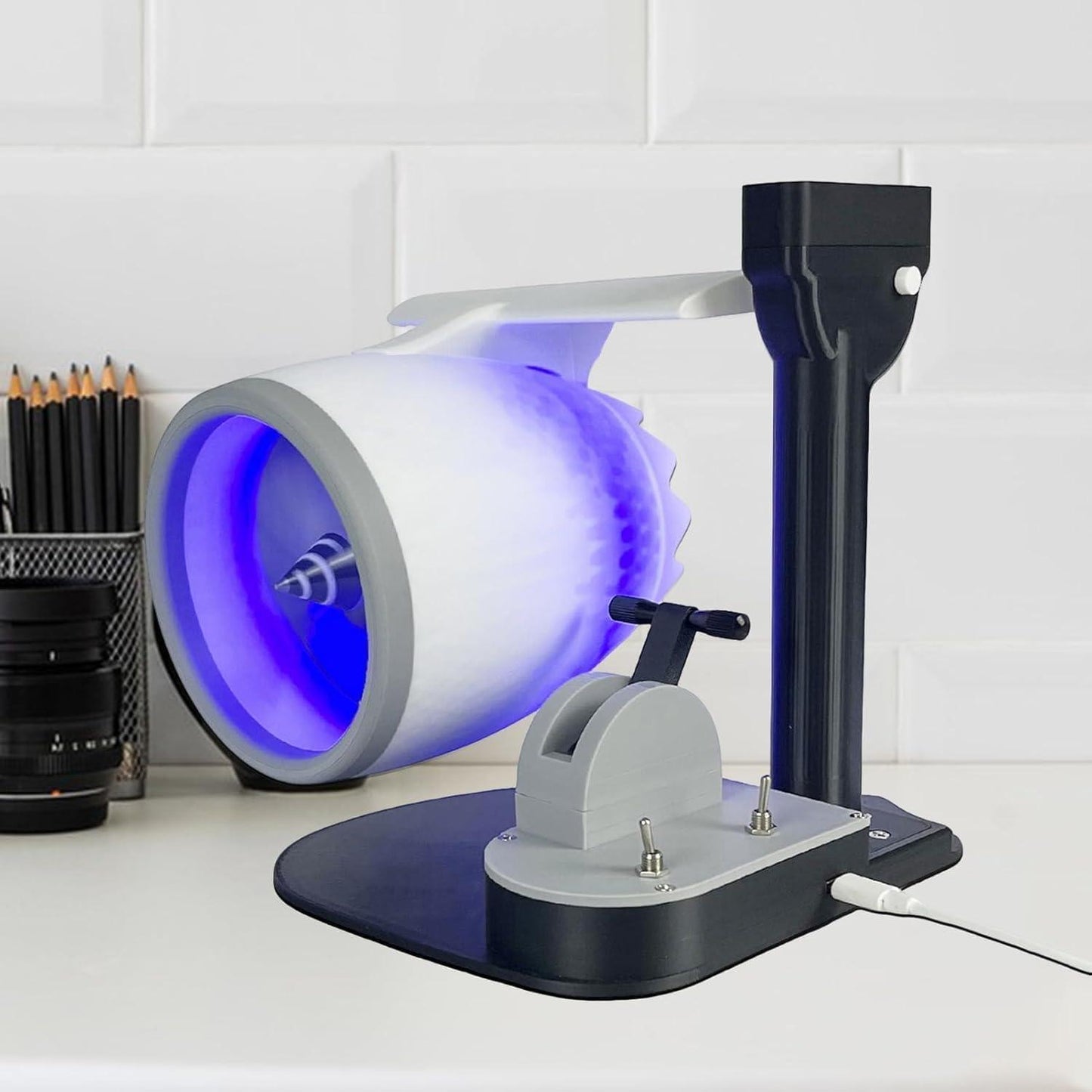 jet engine humidifier fan with cool LED glow on office shelf, USB turbofan desk gadget for gamers Blue