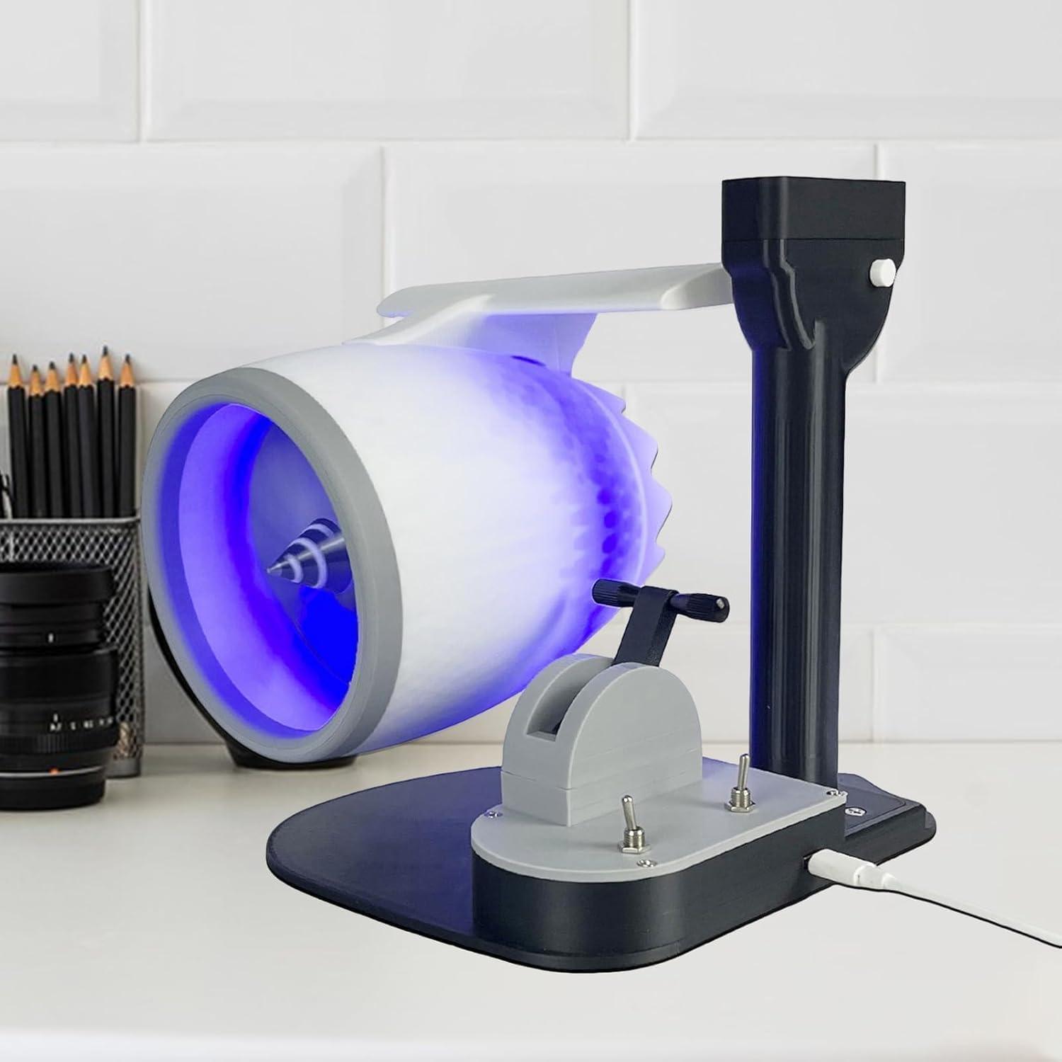 jet engine humidifier fan with cool LED glow on office shelf, USB turbofan desk gadget for gamers Blue