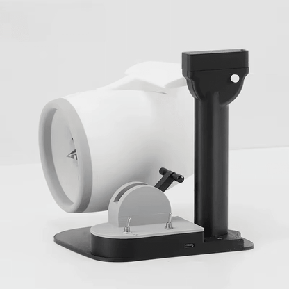 white jet engine desktop fan angled on black stand, aviation decor humidifier for modern office Blue