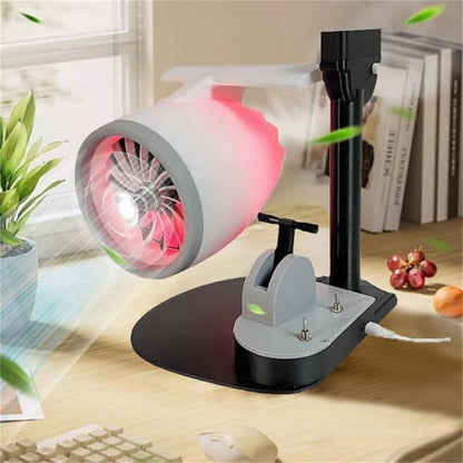 jet engine humidifier fan on office desk blowing cool mist, aviation themed desk accessory for work Red