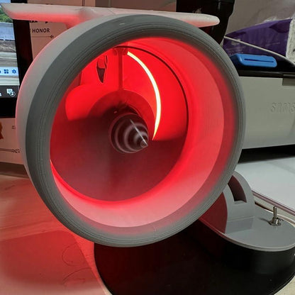 jet engine humidifier LED ring detail inside turbine, glowing desk fan for aviation room decor Red
