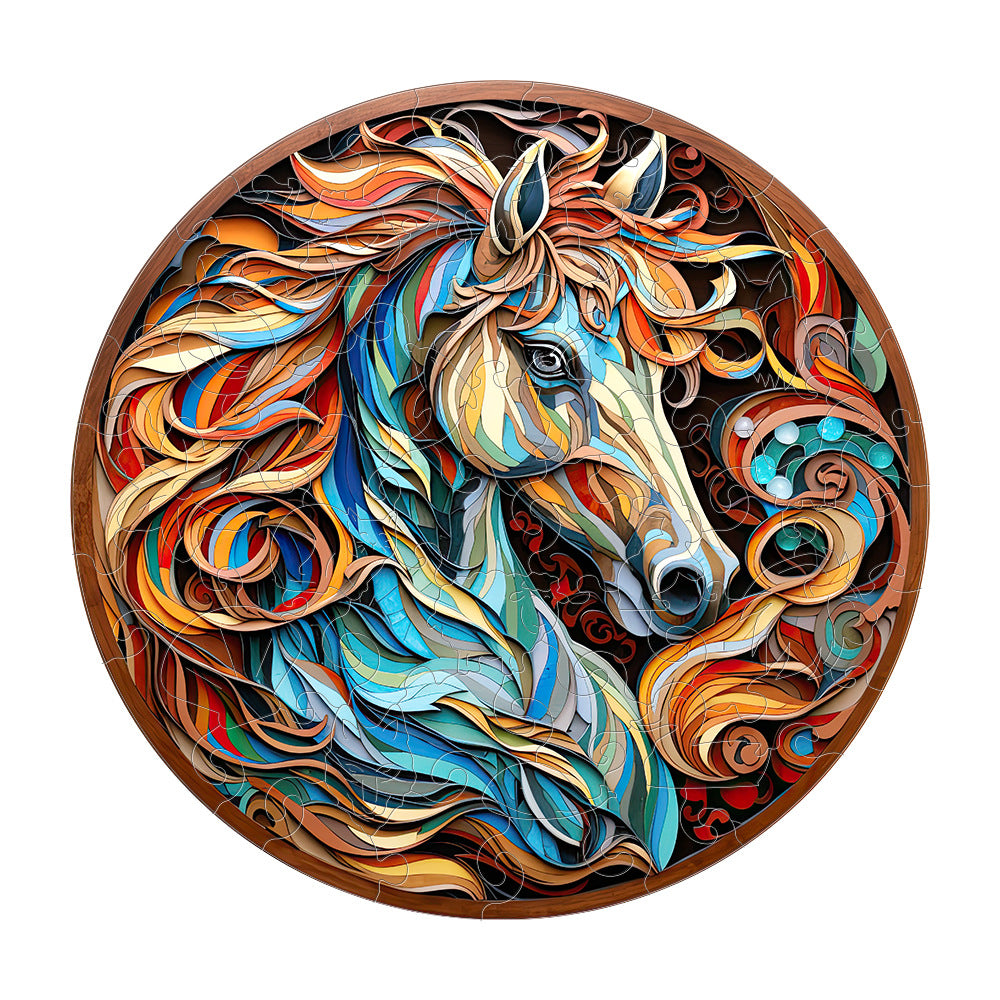 Colorful wooden jigsaw puzzle featuring artistic animal design with intricate patterns and vibrant details
