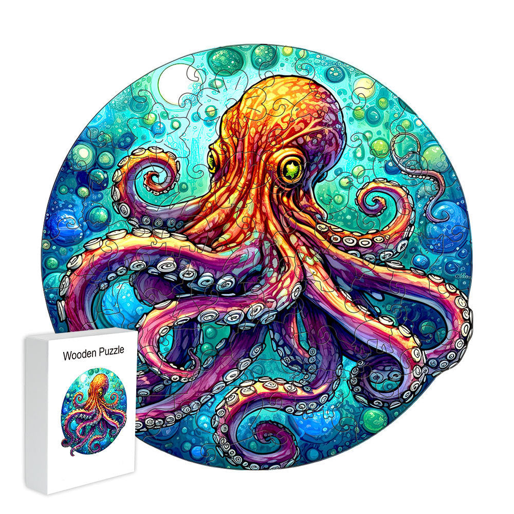 Colorful wooden jigsaw puzzle featuring artistic animal design with intricate patterns and vibrant details