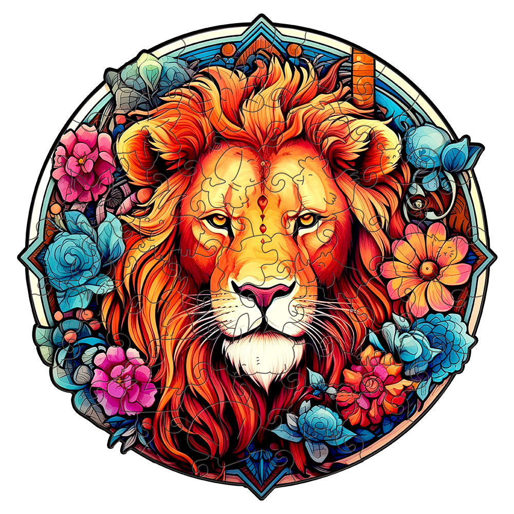 Colorful wooden jigsaw puzzle featuring artistic animal design with intricate patterns and vibrant details