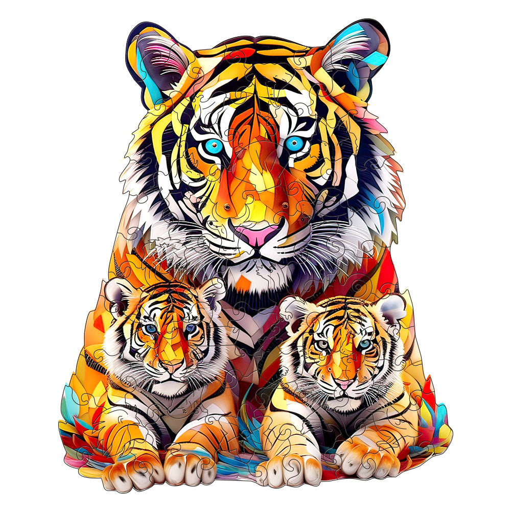 Colorful wooden jigsaw puzzle featuring artistic animal design with intricate patterns and vibrant details