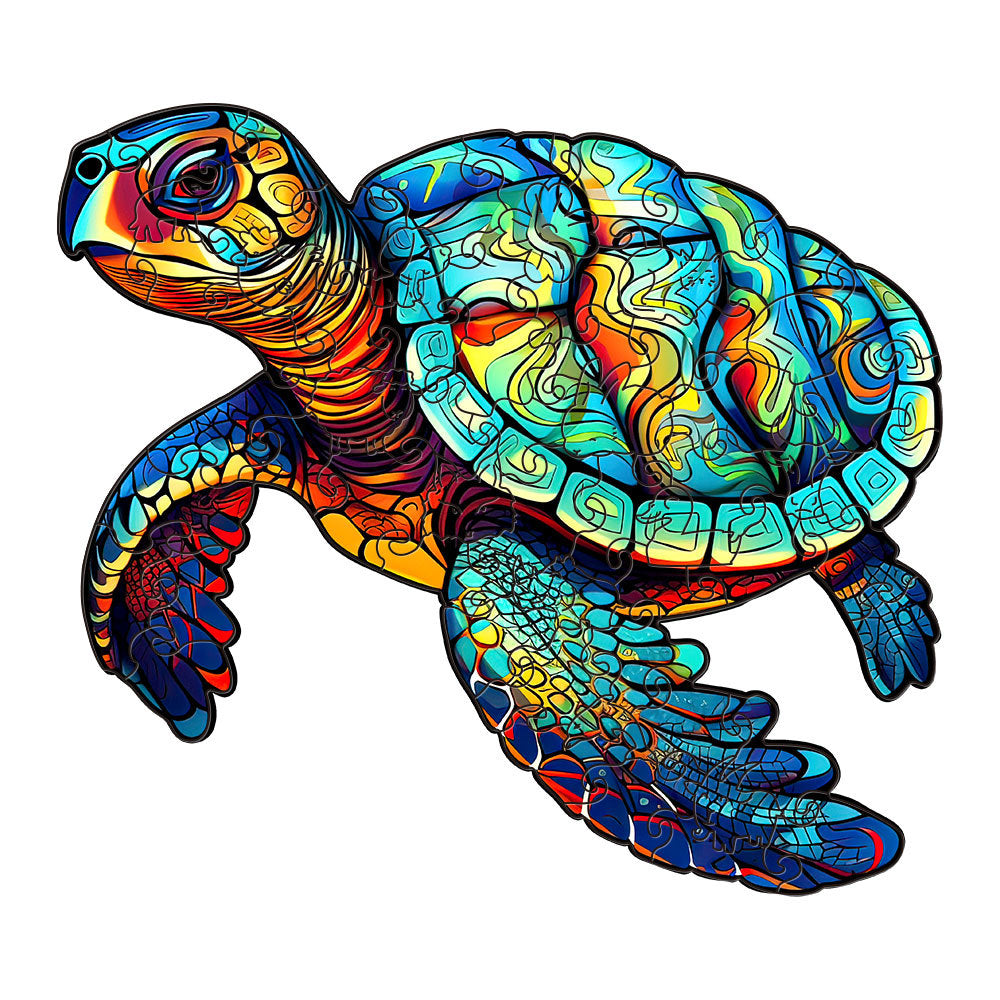 Colorful wooden jigsaw puzzle featuring artistic animal design with intricate patterns and vibrant details