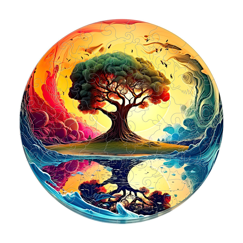Colorful wooden jigsaw puzzle featuring artistic animal design with intricate patterns and vibrant details