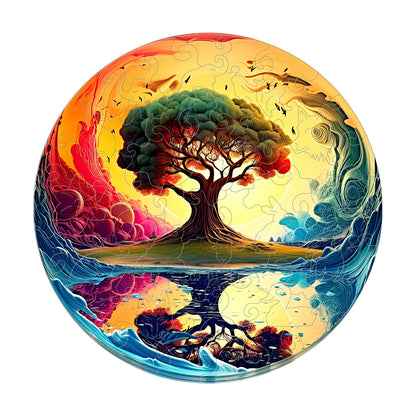 Colorful wooden jigsaw puzzle featuring artistic animal design with intricate patterns and vibrant details
