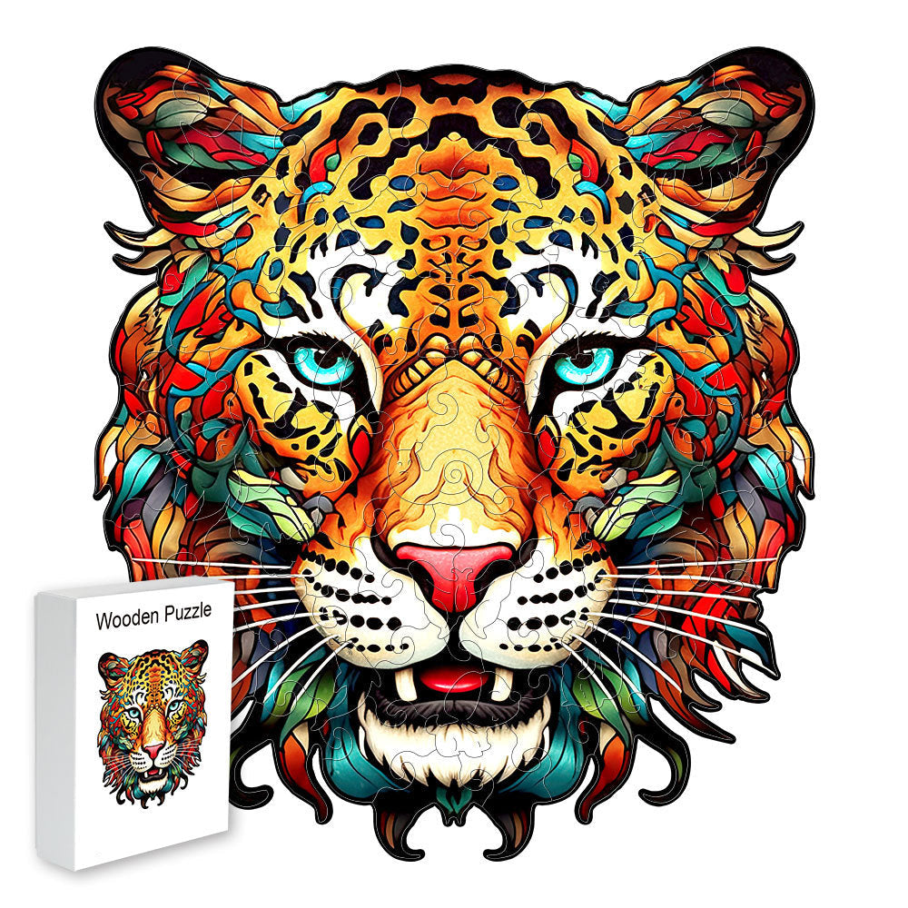 Colorful wooden jigsaw puzzle featuring artistic animal design with intricate patterns and vibrant details