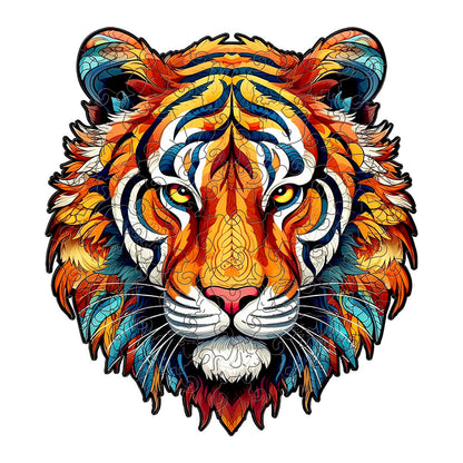 Colorful wooden jigsaw puzzle featuring artistic animal design with intricate patterns and vibrant details