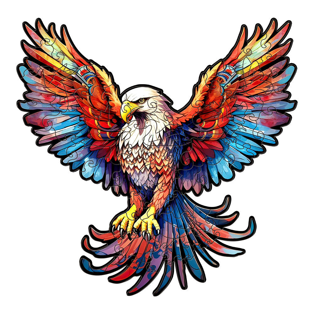 Colorful wooden jigsaw puzzle featuring artistic animal design with intricate patterns and vibrant details