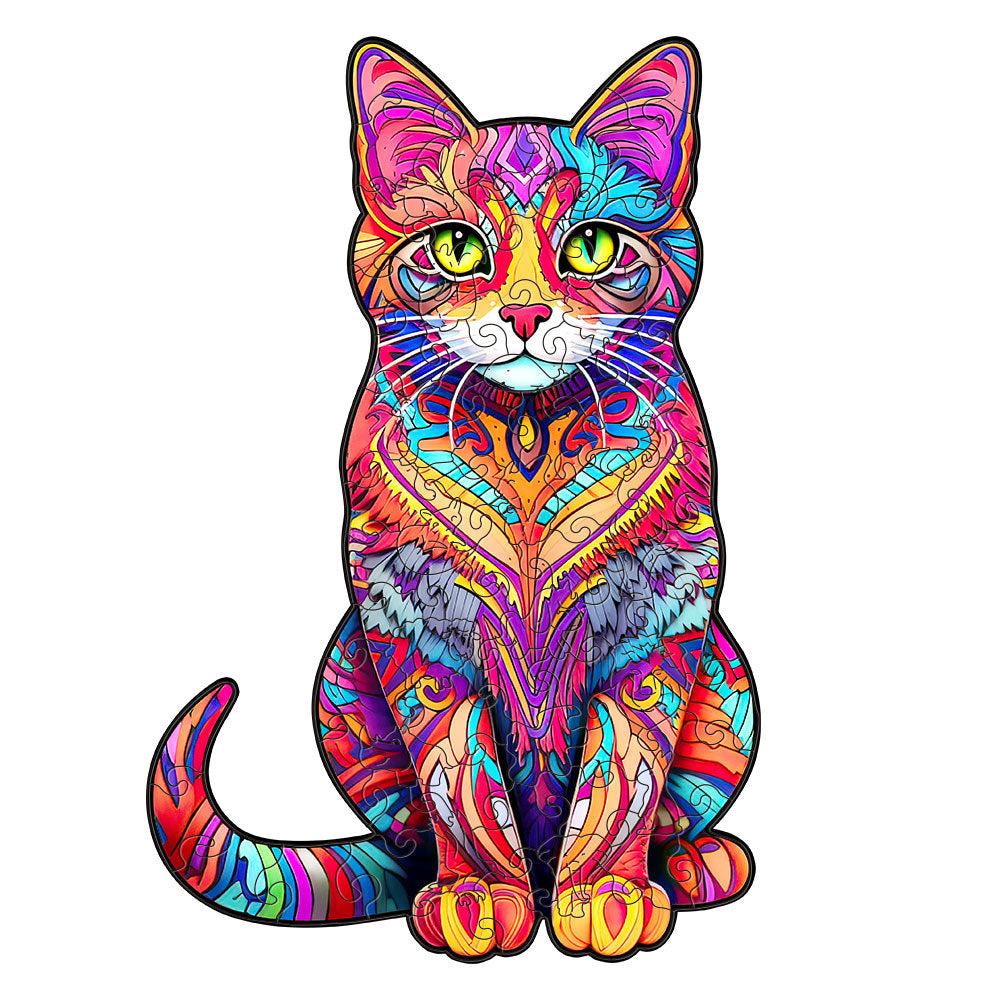 Colorful wooden jigsaw puzzle featuring artistic animal design with intricate patterns and vibrant details