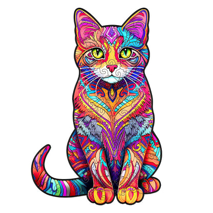 Colorful wooden jigsaw puzzle featuring artistic animal design with intricate patterns and vibrant details