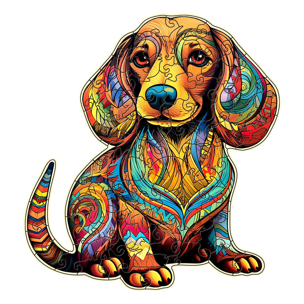 Colorful wooden jigsaw puzzle featuring artistic animal design with intricate patterns and vibrant details