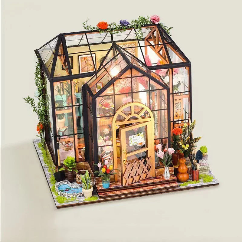 jenny miniature greenhouse with plants Mini Doll House Kit DIY Flower House Handmade 3D Puzzle Assembly Building Model Toys Home Bedroom Decoration with Furniture Gift
