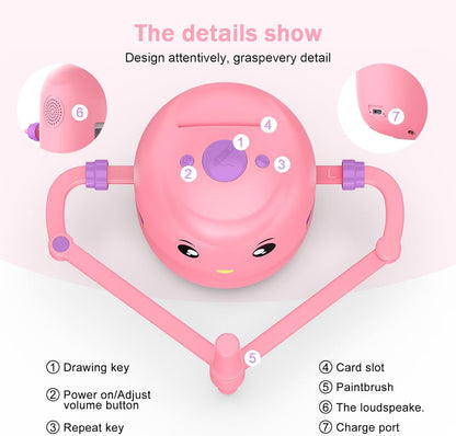 Interactive Art Tutor Robot for Kids: Screen-Free STEM Learning & Step-by-Step Drawing Fun Pink Green