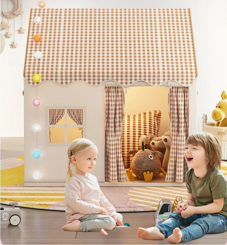 children playing beside fabric playhouse tent in playroom, imaginative pretend play house for toddlers and siblings, Pink, Beige, Yellow, Blue