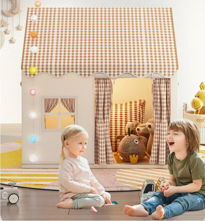 children playing beside fabric playhouse tent in playroom, imaginative pretend play house for toddlers and siblings, Pink, Beige, Yellow, Blue