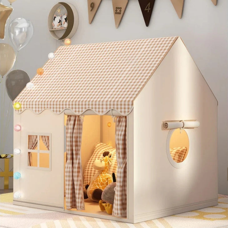 kids play tent with rolled curtain doorway and plush toys inside, cozy indoor playhouse for reading and naps, Pink, Beige, Yellow, Blue