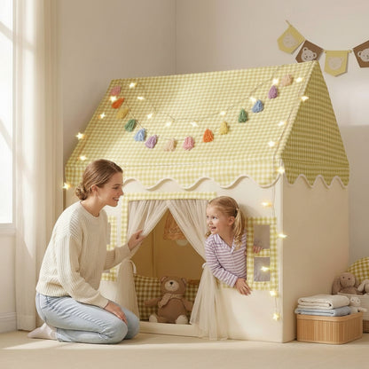 kids playhouse tent with peaked roof and window for toddler bedroom decor, gift for boys and girls, Pink, Beige, Yellow, Blue