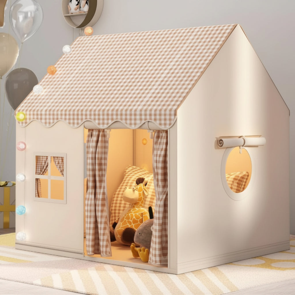 kids tent with giraffe plush inside and rolled fabric curtain, cozy hideout playhouse for nursery or playroom, Pink, Beige, Yellow, Blue