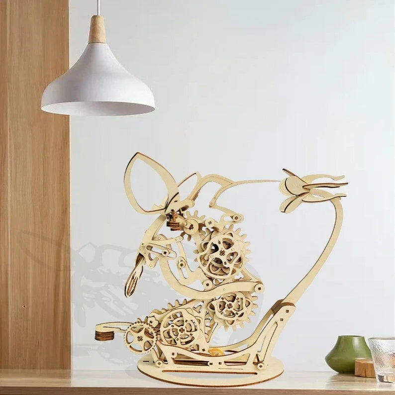 mechanical hummingbird wood model with visible gear train, kinetic bird sculpture gift for engineers and nature lovers