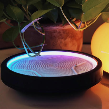 sand art table creating a zen garden of rippling sand patterns, ambient color LED home decor for a living room or desk