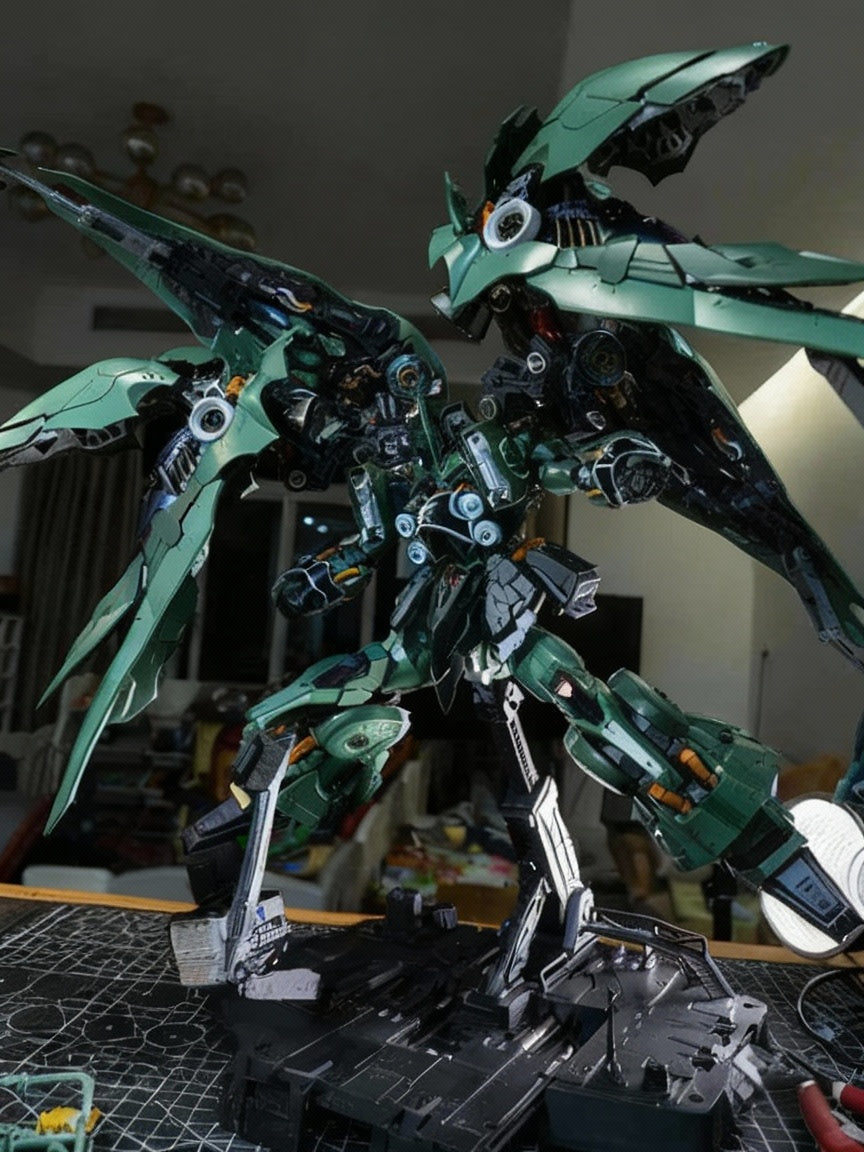 Kshatriya Osiris Aerial Dominator 1:100 scale green mecha model kit with LED lighting 54cm wingspan and display stand