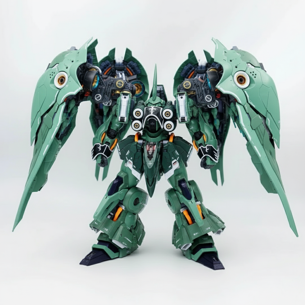 Kshatriya Osiris Aerial Dominator 1:100 scale green mecha model kit with LED lighting 54cm wingspan and display stand