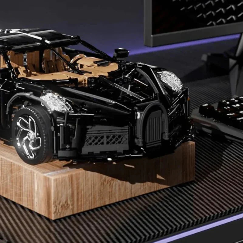 remote control building blocks supercar on a desk display, motorized 1:8 brick hypercar model centerpiece for a collector room