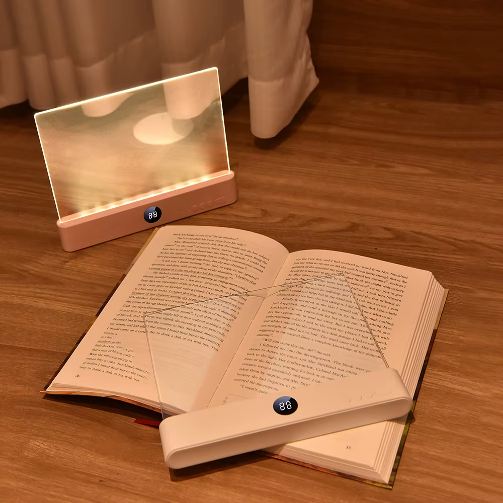 2-in-1 LED book light and night light USB rechargeable with timer for bedside reading Pink & White