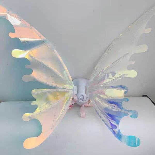 led butterfly wings light up fairy costume with iridescent translucent wing film and built in string lights, Warm yellow LED, Multicolor LED