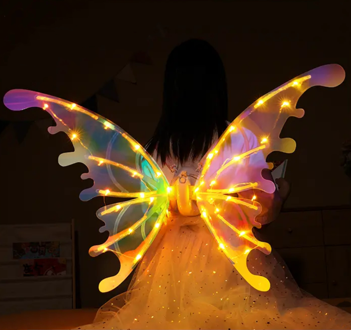 glowing iridescent butterfly wings with usb rechargeable battery pack for fairy cosplay and festival outfits – Warm yellow LED, Multicolor LED