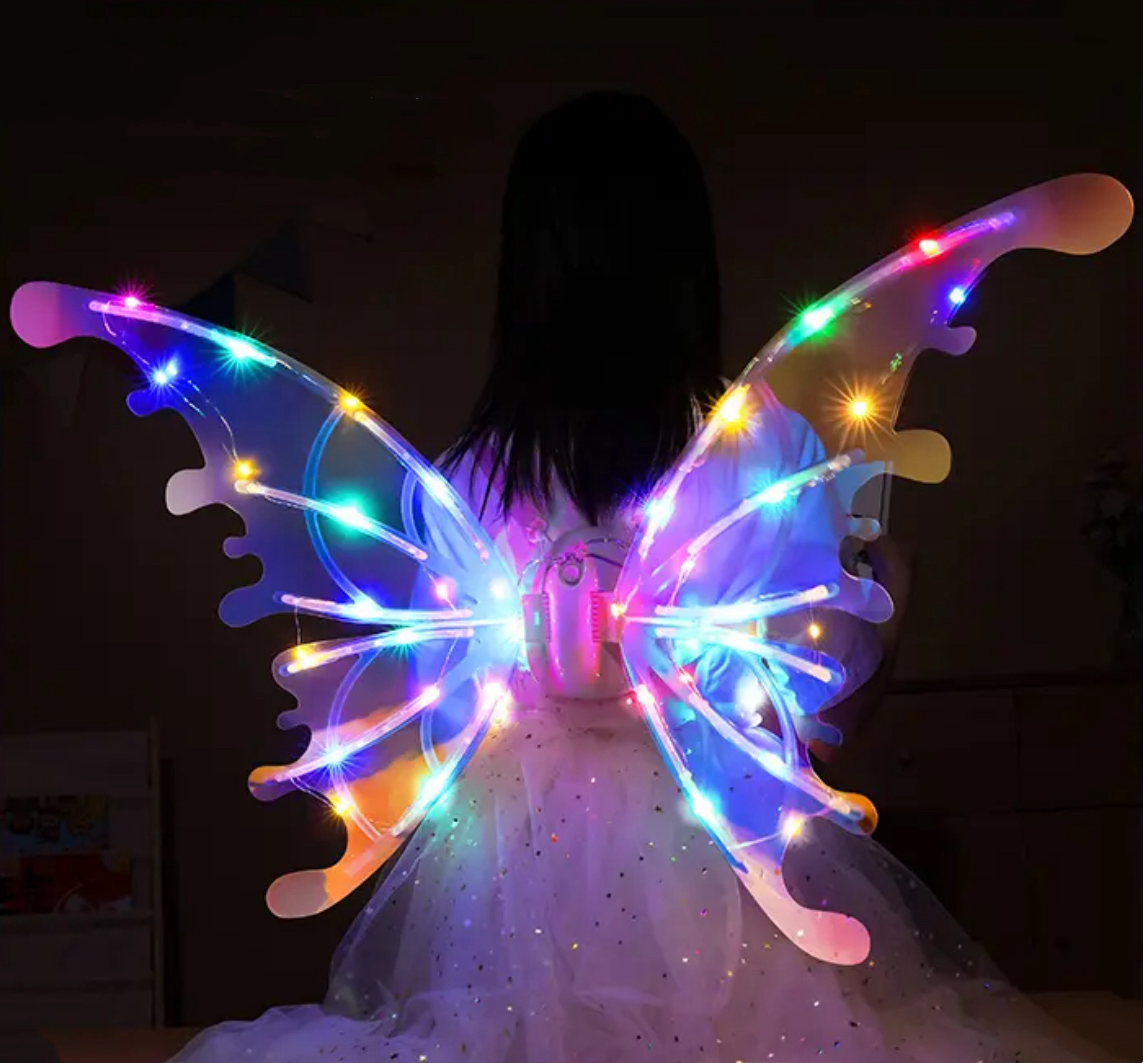 light up fairy wings with adjustable backpack harness fits adults teens and older kids for hours of wear – Warm yellow LED, Multicolor LED