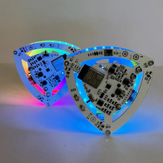 two lelo self balancing triangle robots glowing with RGB LED lights, gravity defying desk toy Standard, Upgraded