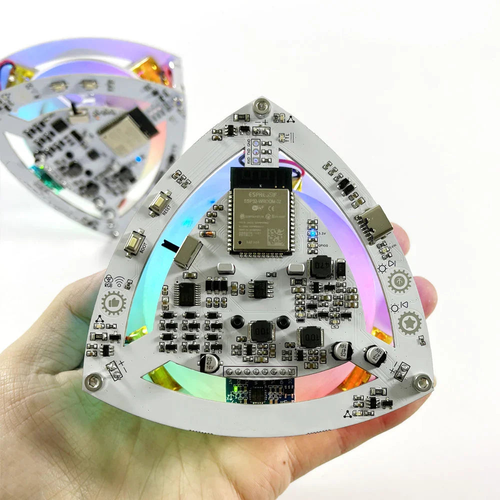 balance triangle robot held in hand with RGB ring lit, palm sized STEM gift for teens and adults Standard, Upgraded